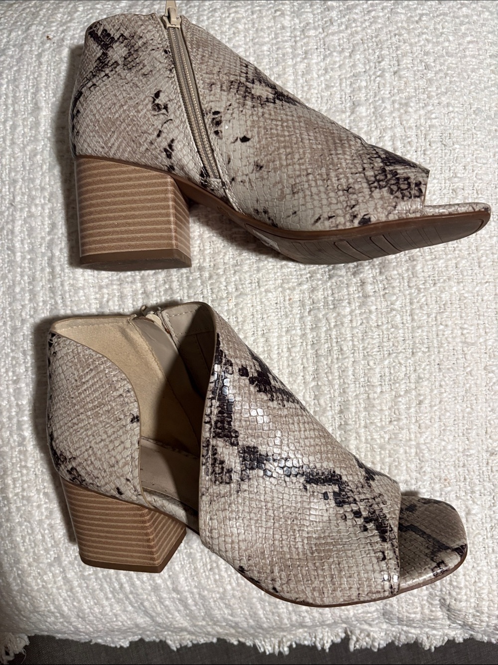 Lucky Brand Snake-Print Peep Toe Block Heel Booties in Cream and Black